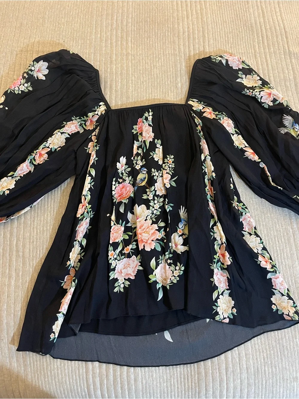 Johnny Was Jade Byrdie Viscose Floral Bird Blouse Black XS Puff Sleeve Boho - Picture 2 of 4